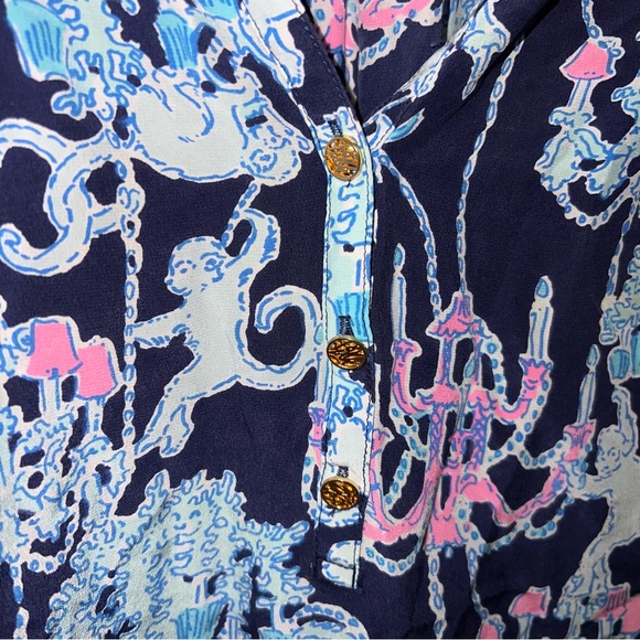 Lilly Pulitzer BNWOT Elsa 100% Silk Top Bright Navy Pop up Monkey Trouble Small - Picture 4 of 12
